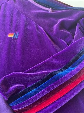 Aviator Nation Purple Velvet Zip Hoodie with Rainbow Sleeve Stripes